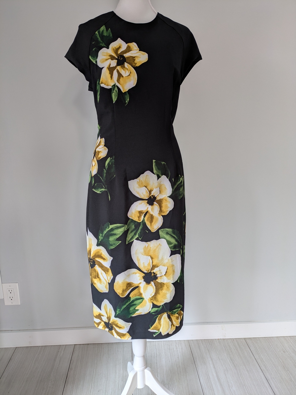 White House Black Market Black Midi Sheath Dress with Yellow Floral Print